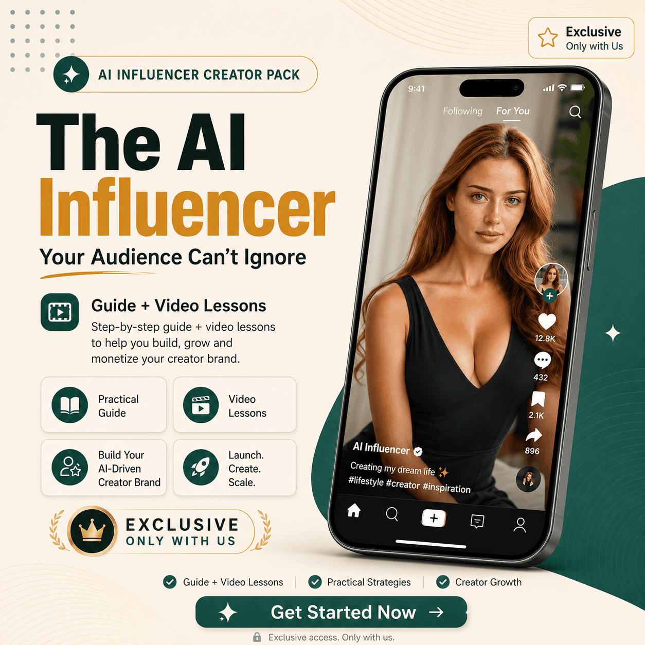 AI Influencer Creator — 20 video tutorials and a 32-page workbook to build and monetize your AI influencer