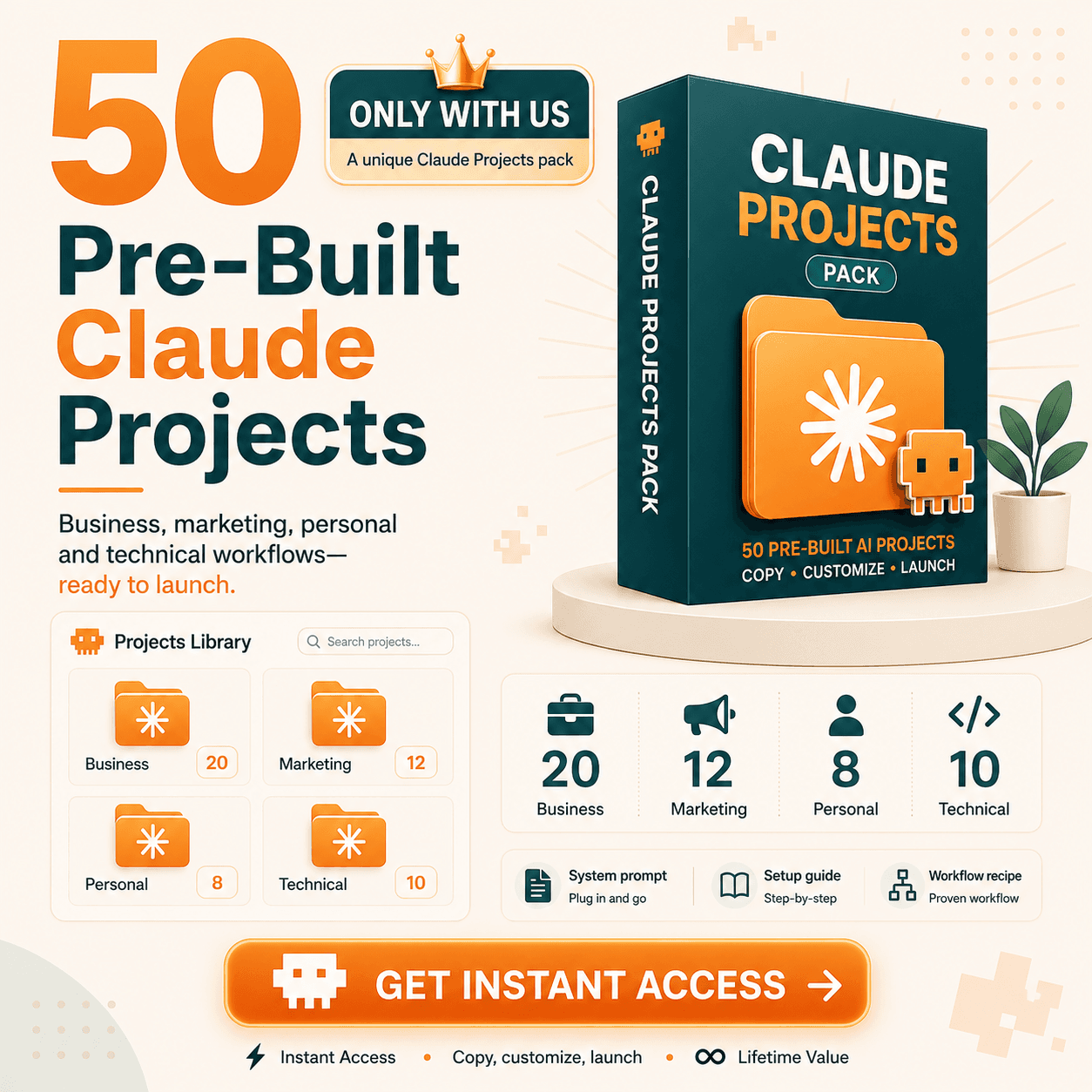 Claude Projects pack — 50 pre-built projects including Cold Email Machine, Contract Reviewer, and Blog Post Engine